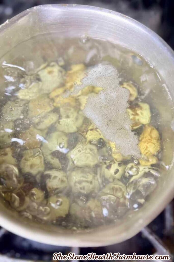 Quail eggs boiling in water in a small pot on the stove