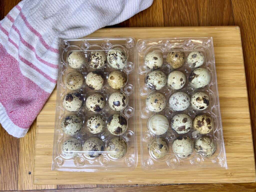 two separate eighteen count cartons of quail eggs next to each other on top of a wooden cutting board. 