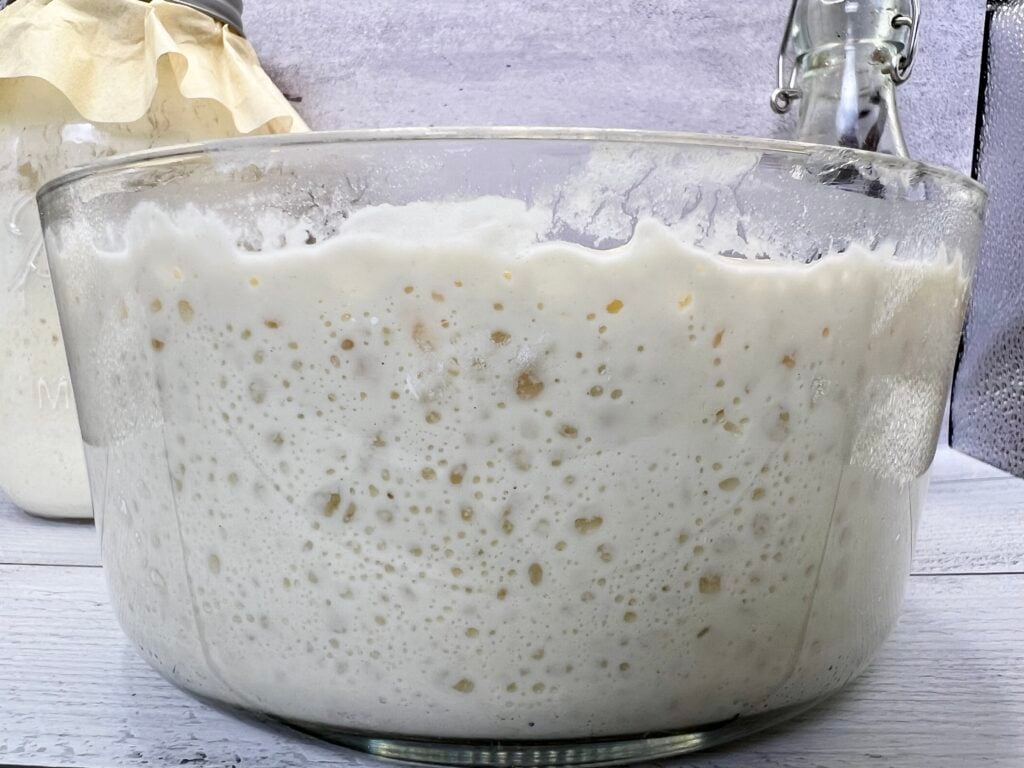Close-up of active sourdough discard pancake batter with natural fermentation bubbles, ready for cooking homemade pancakes.