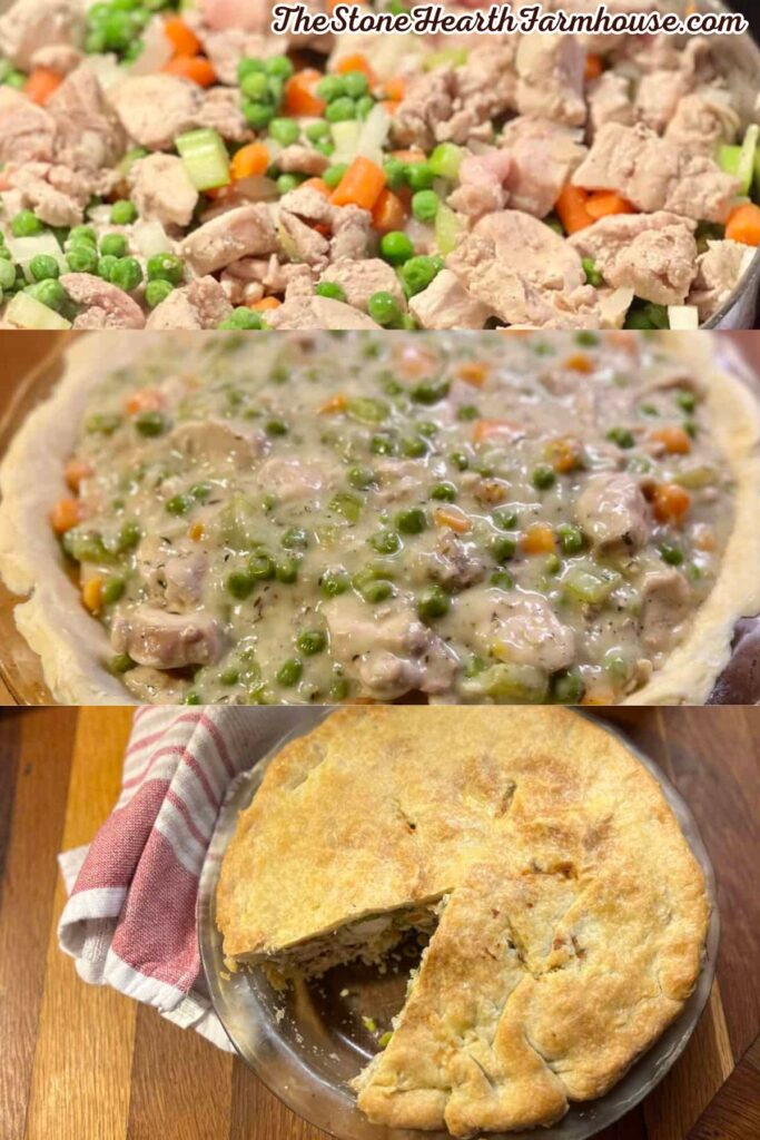 Rabbit pot pie filling made with tender rabbit meat and mixed vegetables in a creamy herb sauce