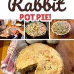 Homemade rabbit pot pie with a golden flaky crust, tender rabbit meat, peas, and carrots, featuring ground or shredded rabbit as an easy dinner recipe