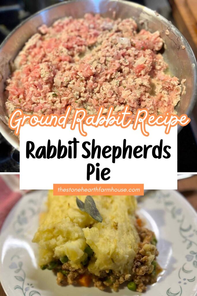 Ground rabbit shepherd’s pie made with seasoned ground rabbit meat, peas, carrots, and creamy mashed potatoes. A healthy homestead recipe perfect for beginners looking for easy rabbit meat recipes and hearty dinners.