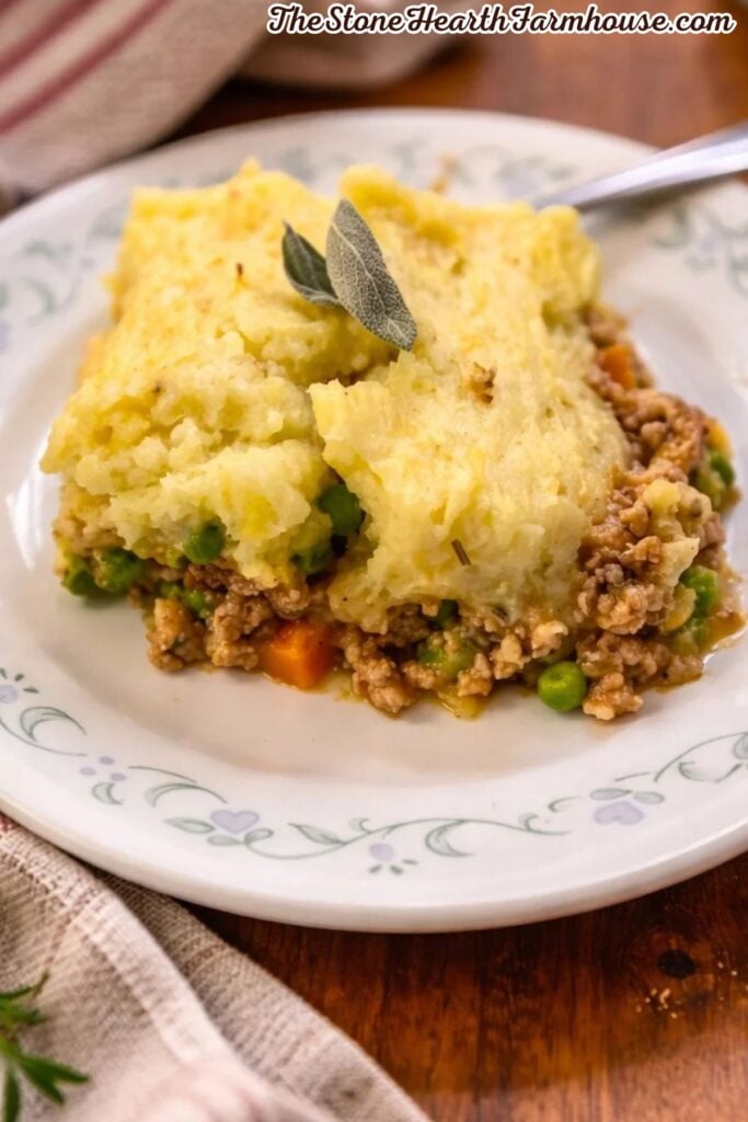 Homemade shepherd’s pie with savory rabbit and vegetables topped with creamy mashed potatoes