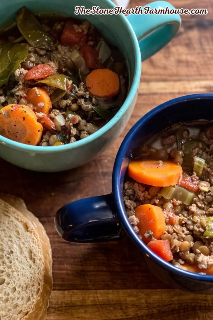 Homemade Italian lentil soup with carrots, celery, tomatoes, lentils, and seasoned ground meat served in colorful bowls with crusty bread.