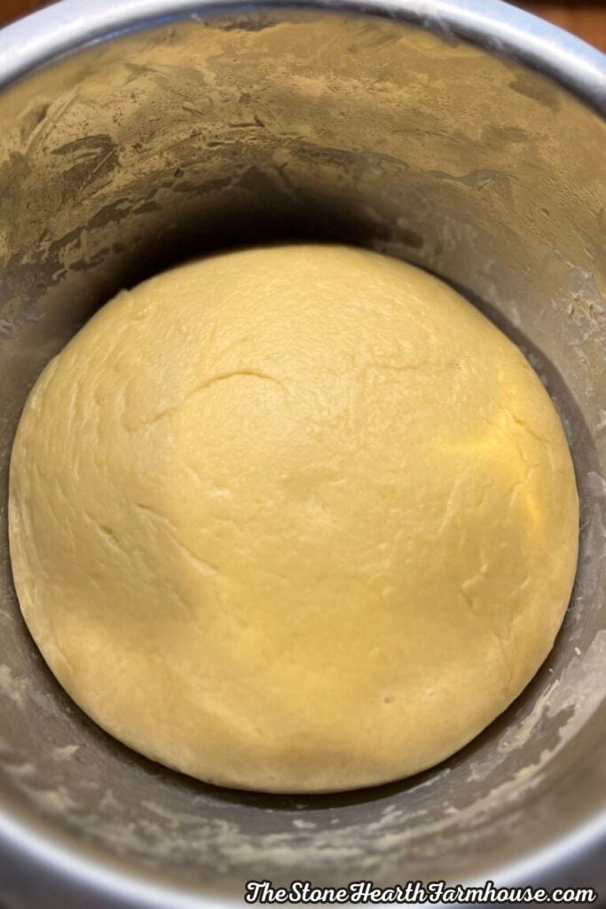 Risen sourdough dough ready to be rolled out for cinnamon rolls