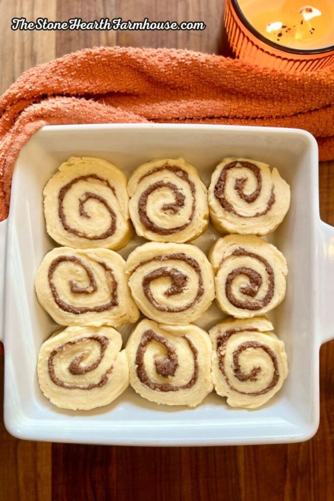 Unbaked sourdough cinnamon rolls arranged in a white baking dish