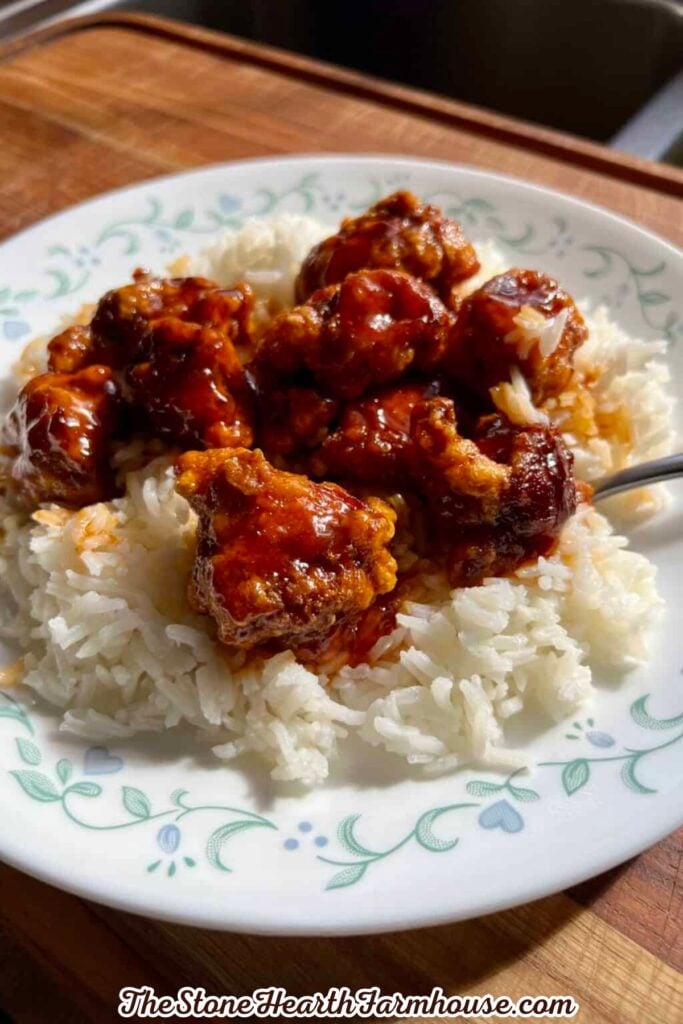 Homemade firecracker rabbit served over white rice as an easy rabbit dinner