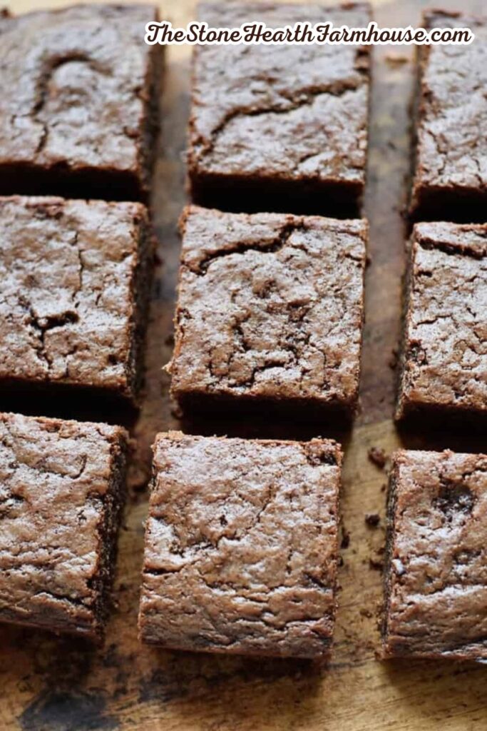 Freshly baked chocolate brownies cut into squares