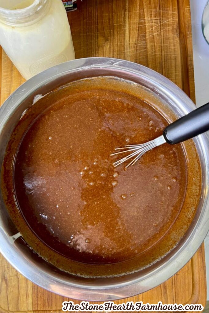 Chocolate mixture melted and whisked together for homemade brownies