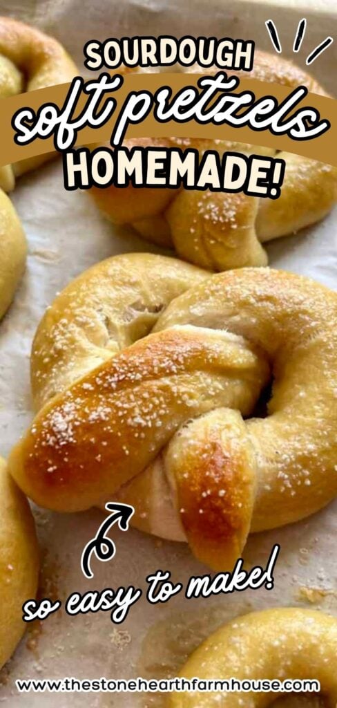 Homemade sourdough soft pretzels with a golden brown crust and coarse salt, shown on parchment paper with text overlay promoting an easy sourdough pretzel recipe.