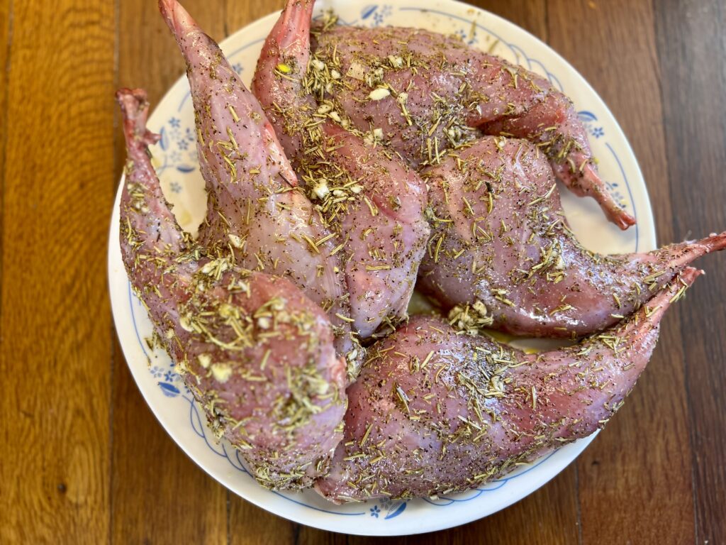 seasoned uncooked rabbit thighs on a plate