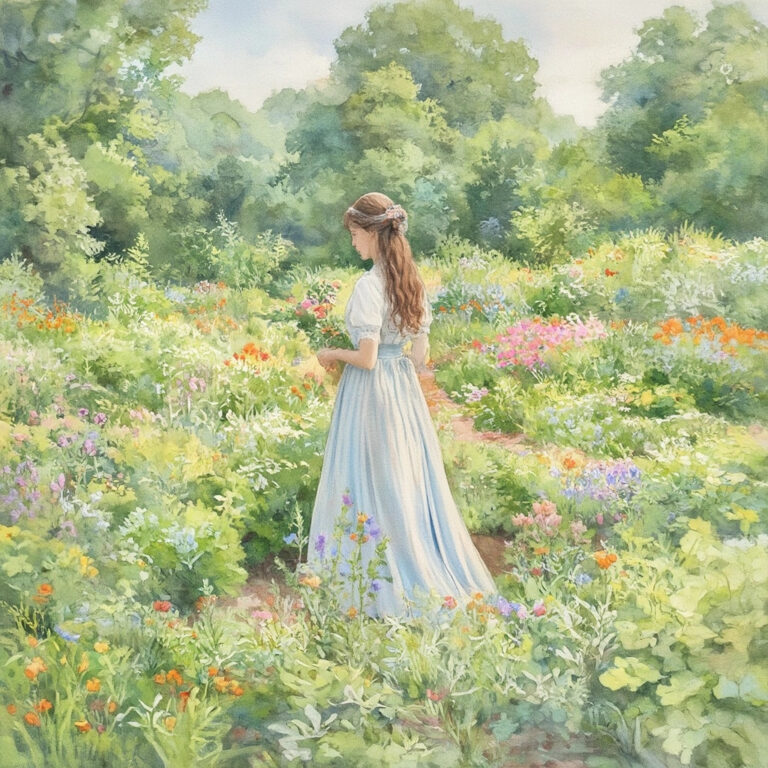 Women walking in a garden and picking flowers