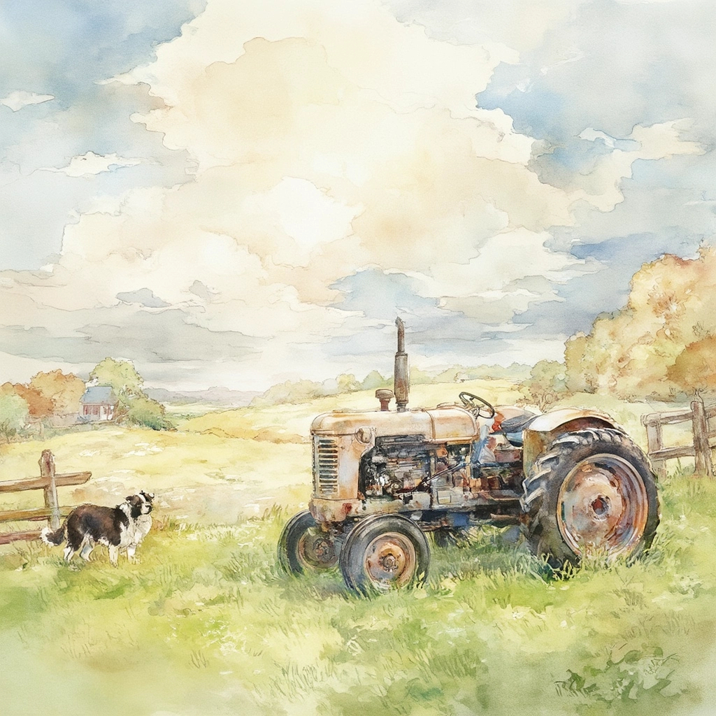 a old tractor in a field with a border collie on homesteading scene
