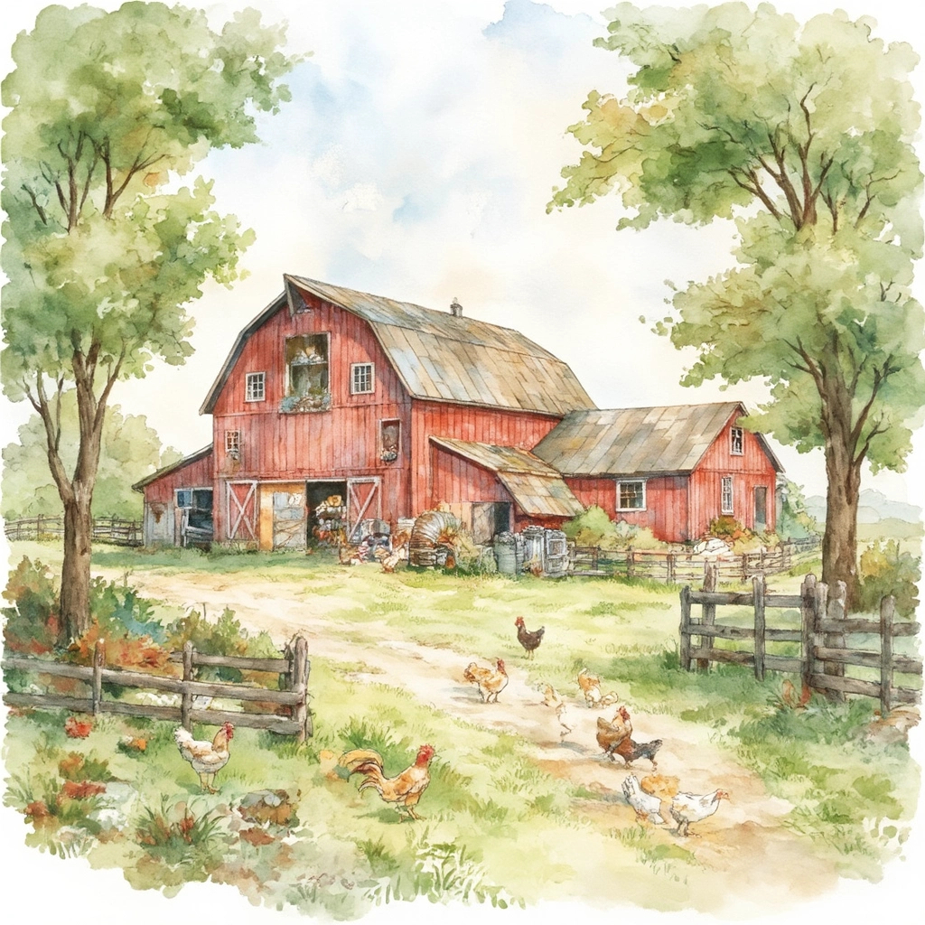 scene with a big red barn and chickens roaming around