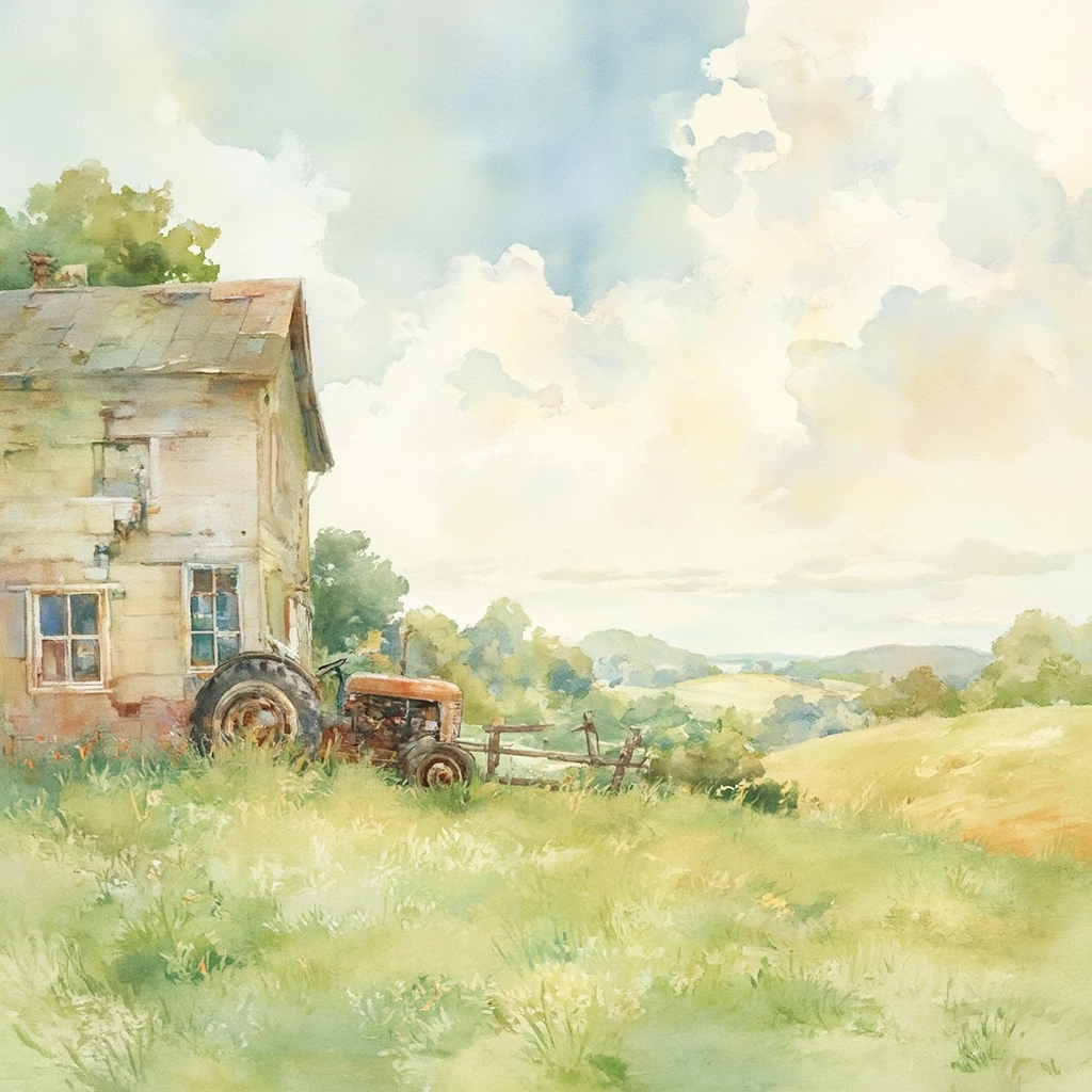 field with a barn and a old tractor homesteading scene.