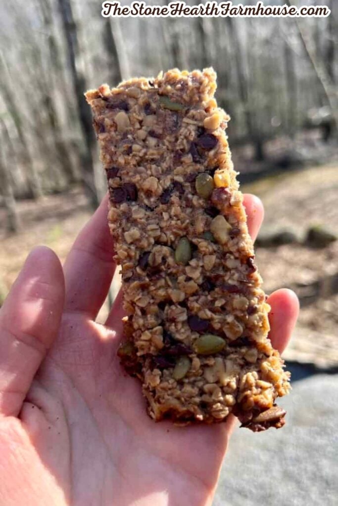 Sourdough discard granola bar with oats, chocolate chips, pumpkin seeds, and nuts held outdoors