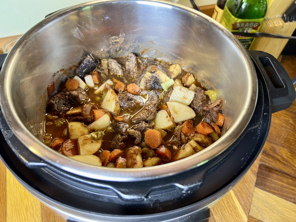 venison stew in the instant pot, completely cooked.