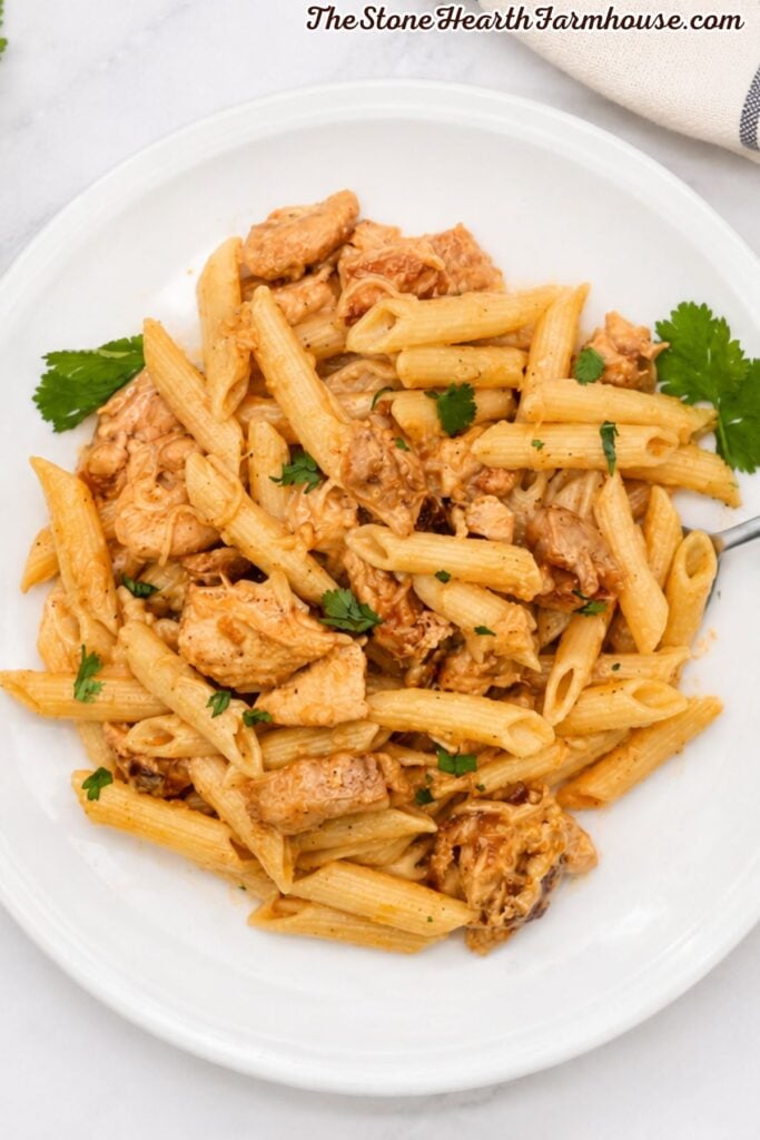 Marry Me Rabbit served with creamy penne pasta and fresh parsley on a white plate