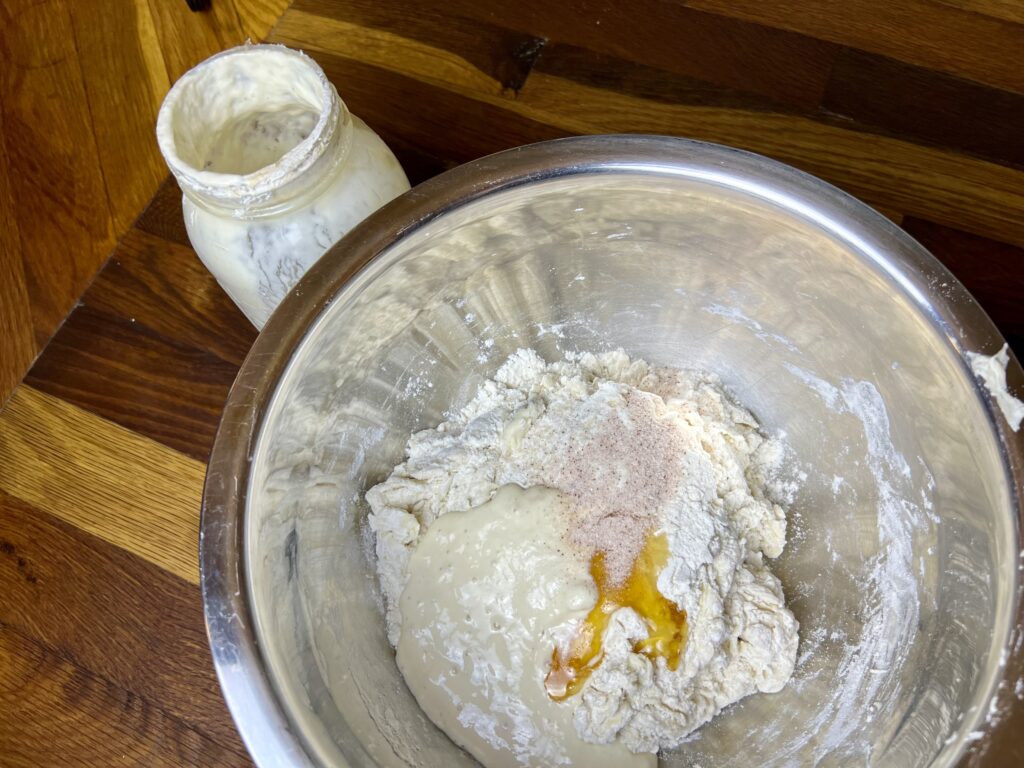 a bowl for flour, water, honey, salt and sourdough starter.