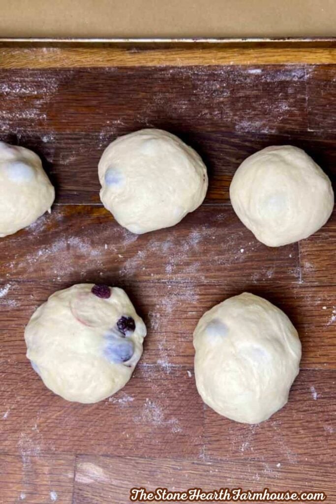 Sourdough bagel dough portioned into individual pieces before shaping into blueberry bagels