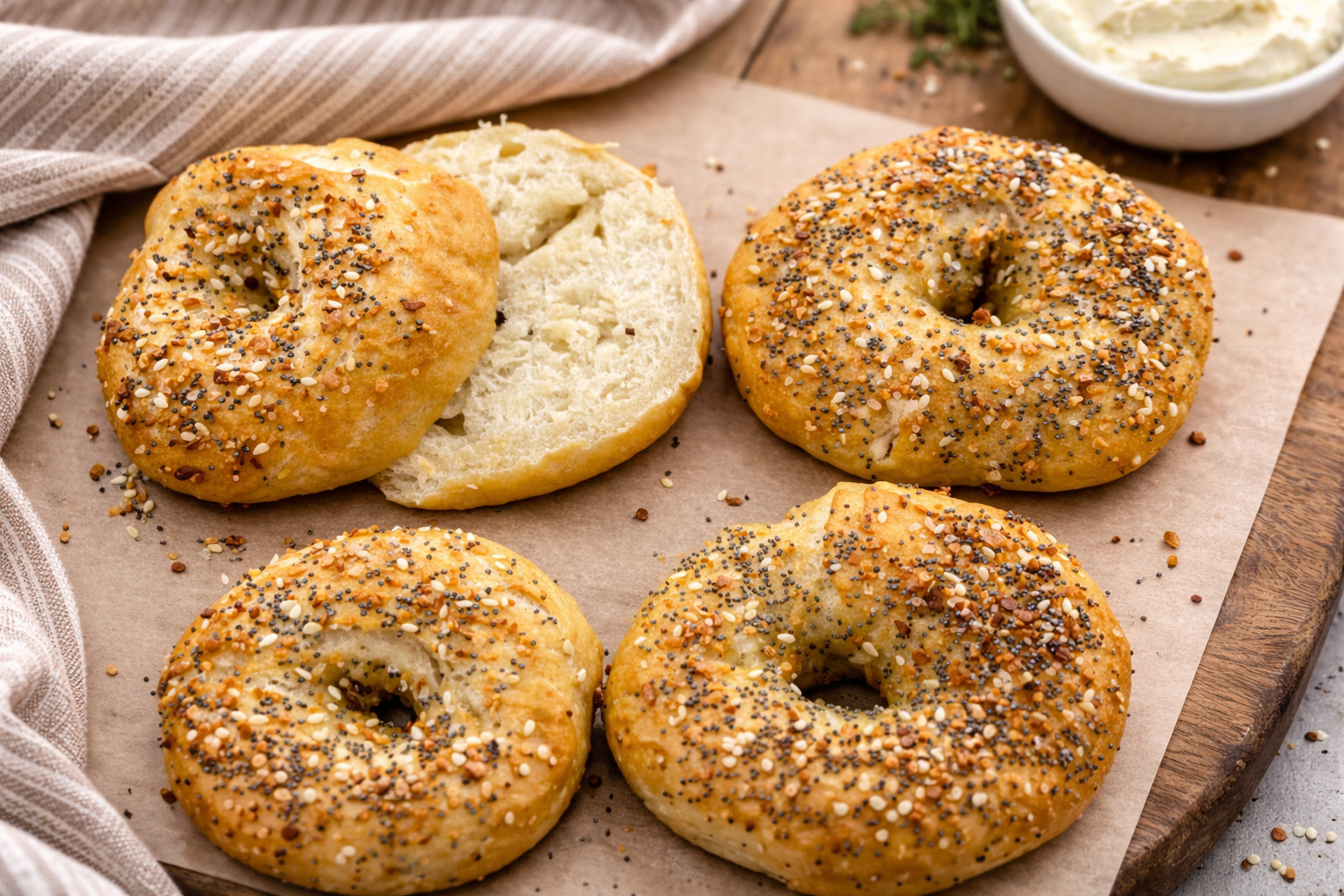 4 sourdough bagels up close on parchment paper with everything bagels seasoning. One is sliced in half.