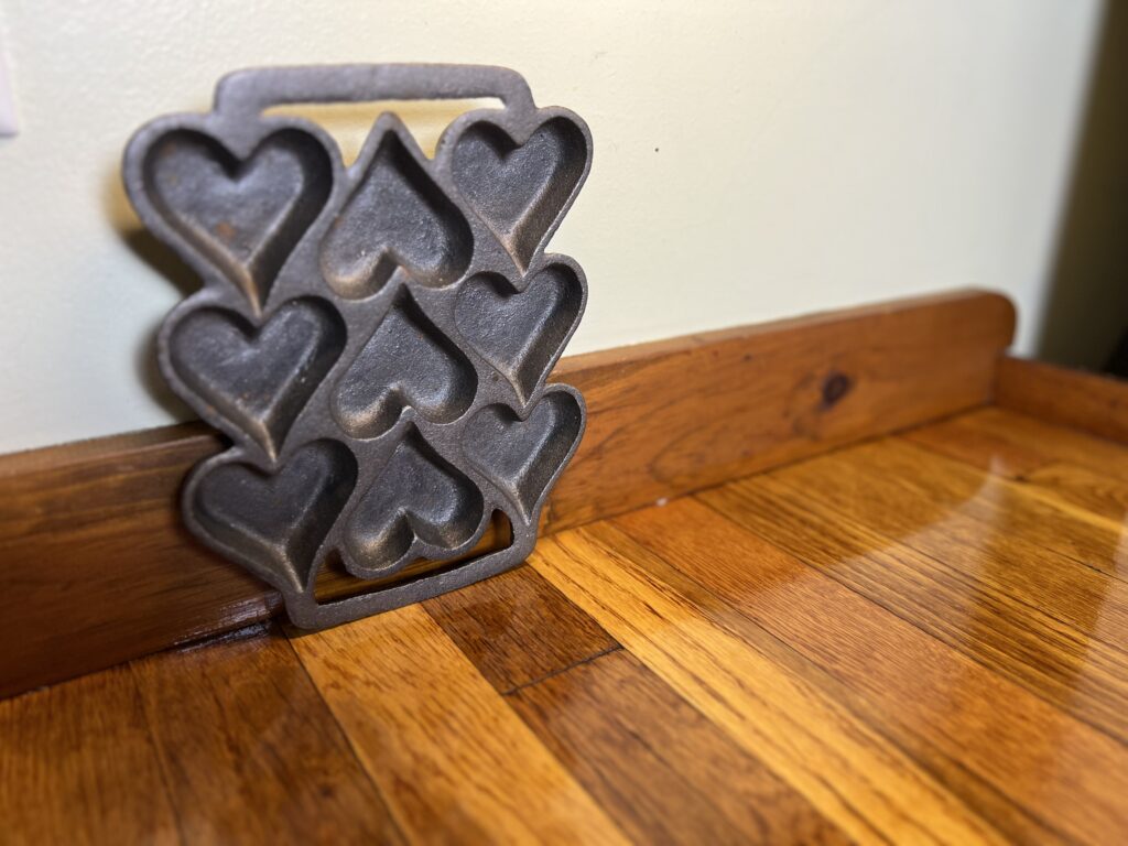 cast iron heart pan setting up on the counter