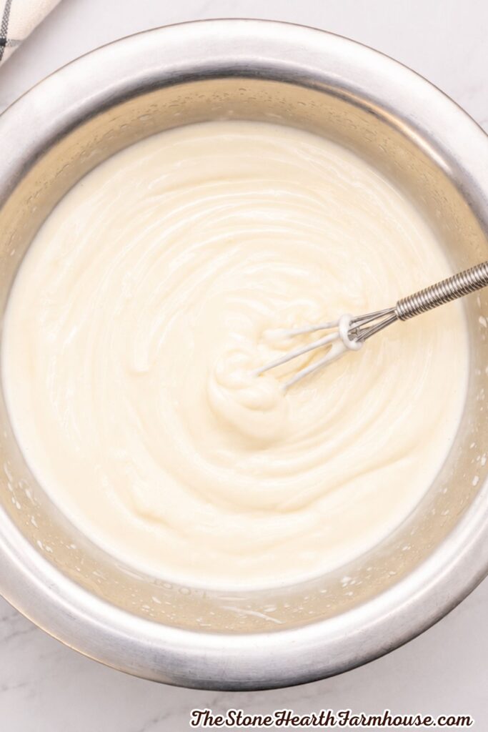 Creamy dressing being whisked together in a stainless steel bowl for homemade macaroni salad