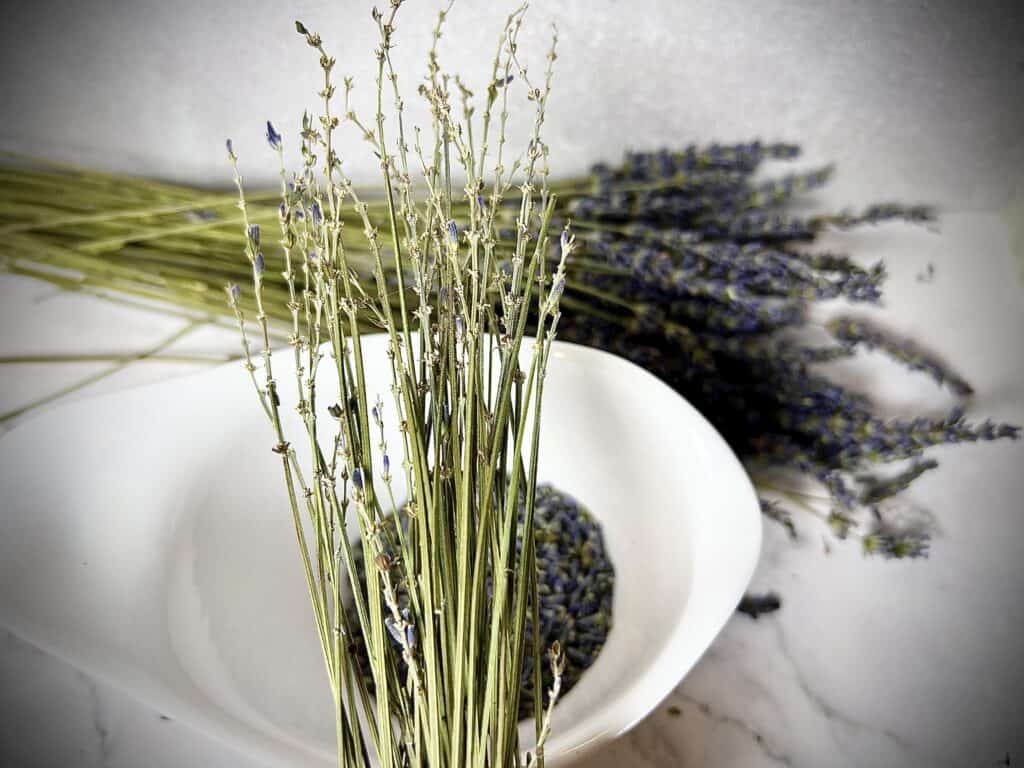 Lavender flowers in a bowl.