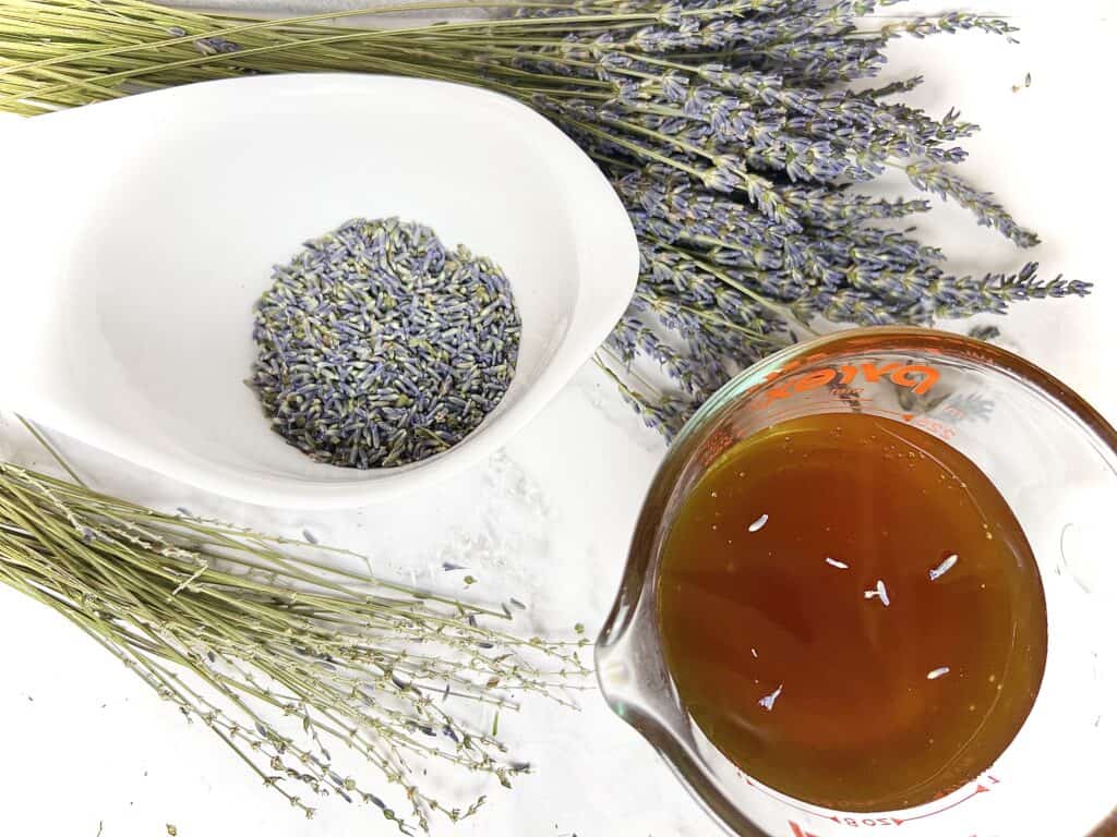 Honey, lavender flowers, and lavender buds.