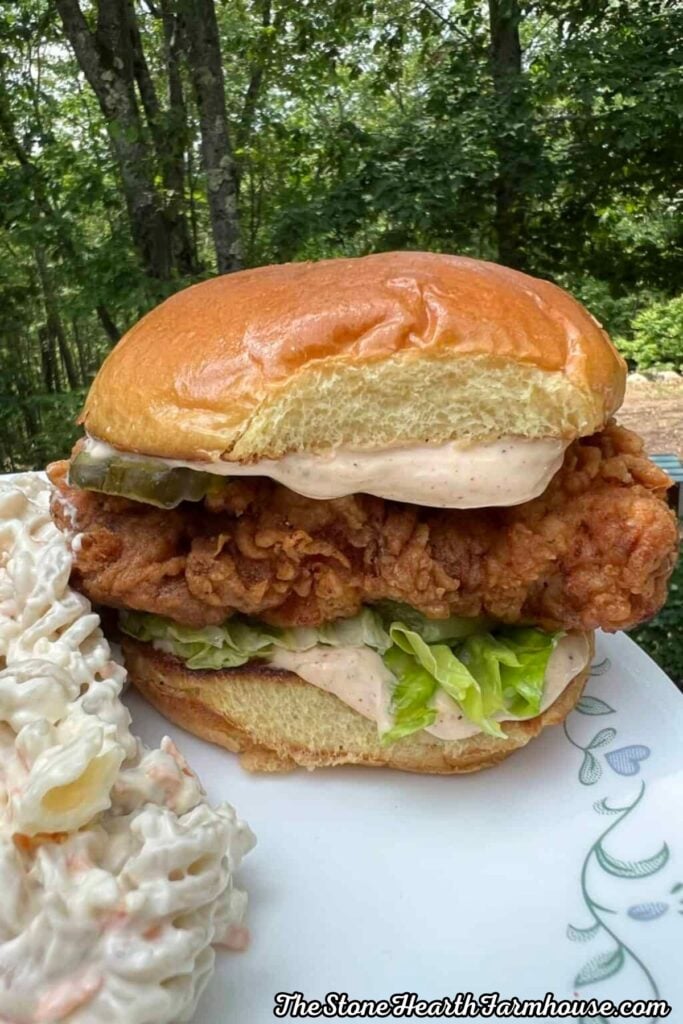 Close-up of a crispy buttermilk chicken sandwich on a toasted bun with lettuce, pickles, and creamy sauce