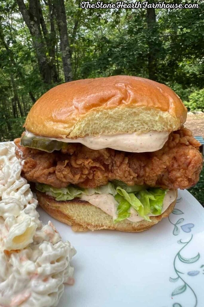 Close-up of a crispy buttermilk chicken sandwich on a toasted bun with lettuce, pickles, and creamy sauce