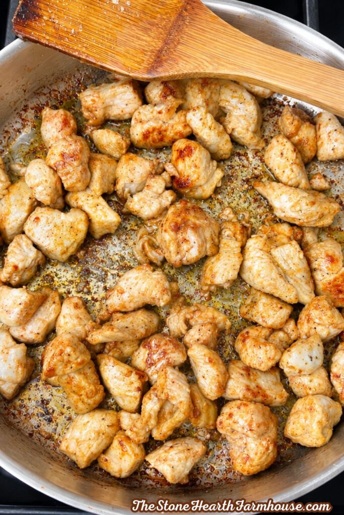 Golden brown chicken pieces cooking in a skillet before being covered in creamy sauce