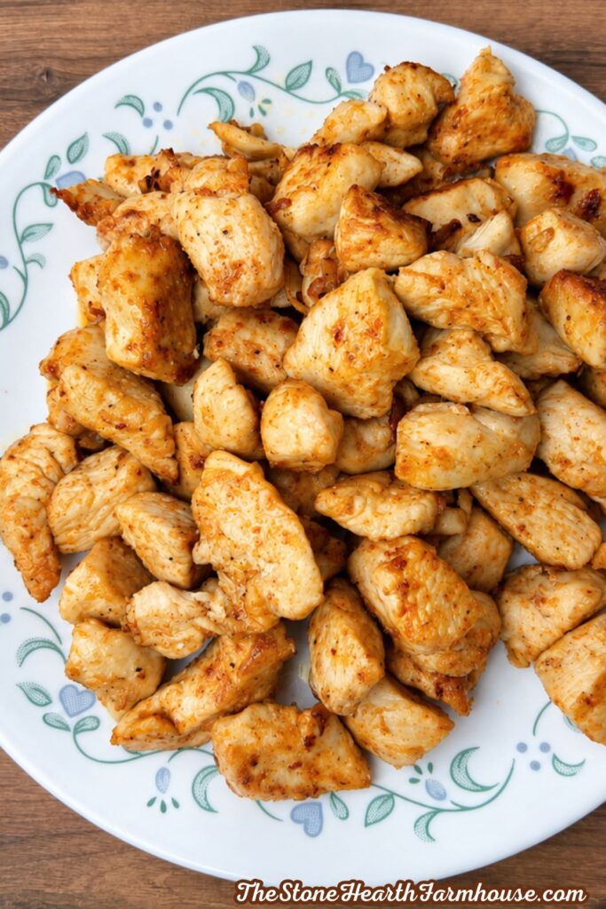 Cooked chicken pieces on a plate.