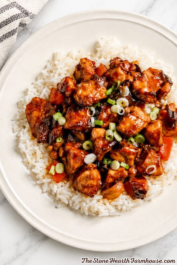 Sweet chili rabbit served over white rice with red bell peppers and green onions