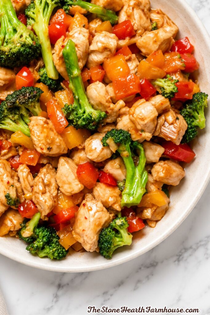 Sweet chili rabbit stir fry with tender rabbit pieces, broccoli, and red and yellow bell peppers