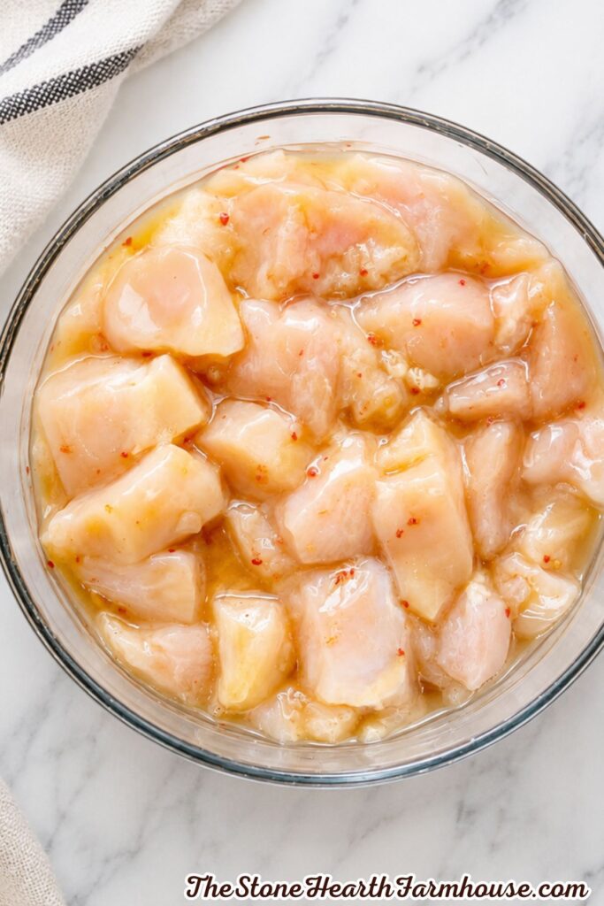 Cubed rabbit meat marinating in a sweet chili sauce mixture in a glass bowl