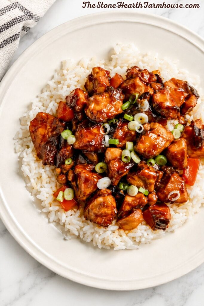 Sweet chili rabbit served over white rice with red bell peppers and green onions