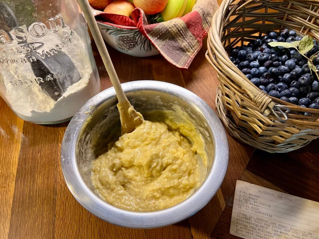 blueberry tea cake batter all mixed up.
