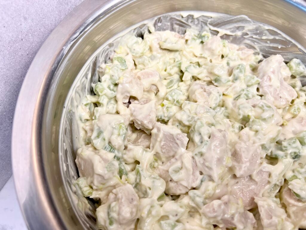This is the chicken crescent casserole filling in a bowl all mixed together.