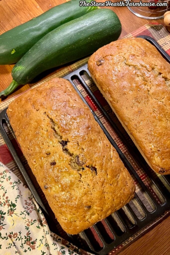 Two golden-brown loaves of homemade zucchini bread with raisins on a baking tray, showing the moist texture and crisp baked crust.
