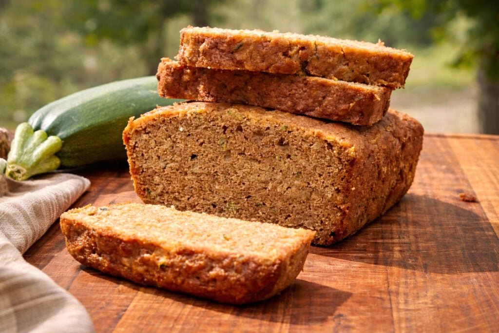 the best fresh milled zucchini bread on a wooden cutting board , sliced and next to a zucchini.