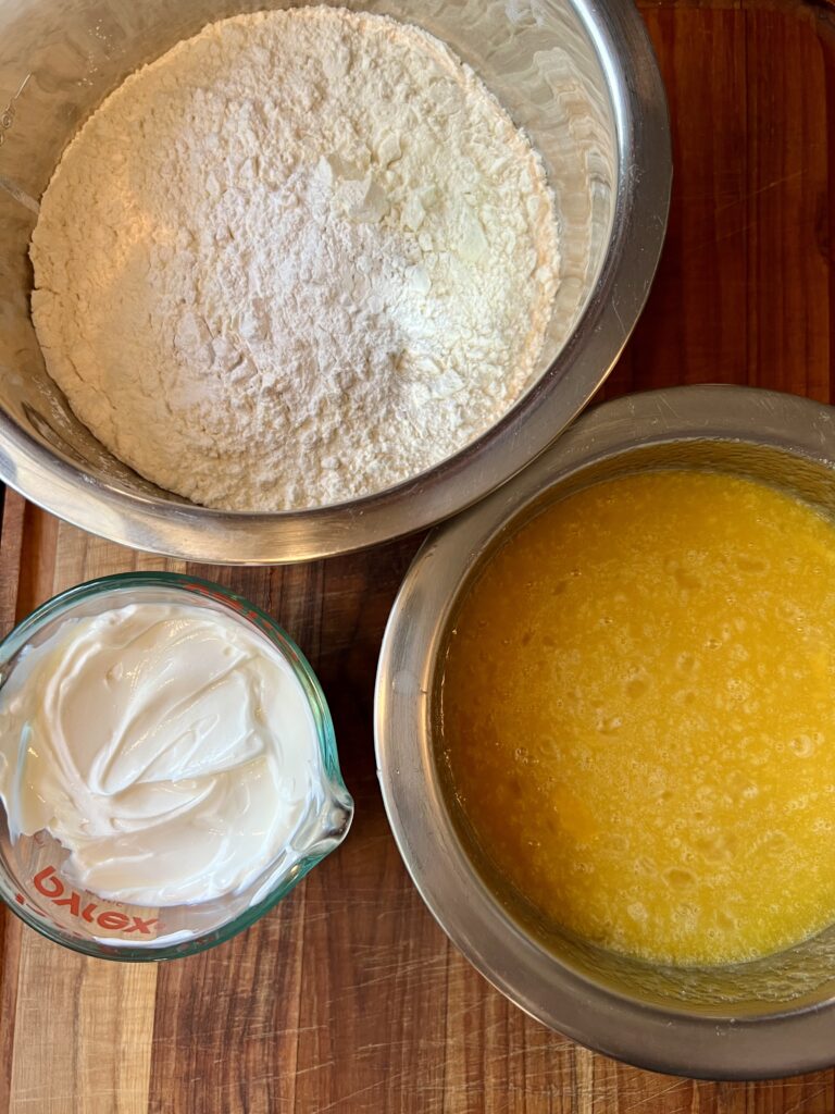 Showing the dry and wet ingredients, with the sour cream.  