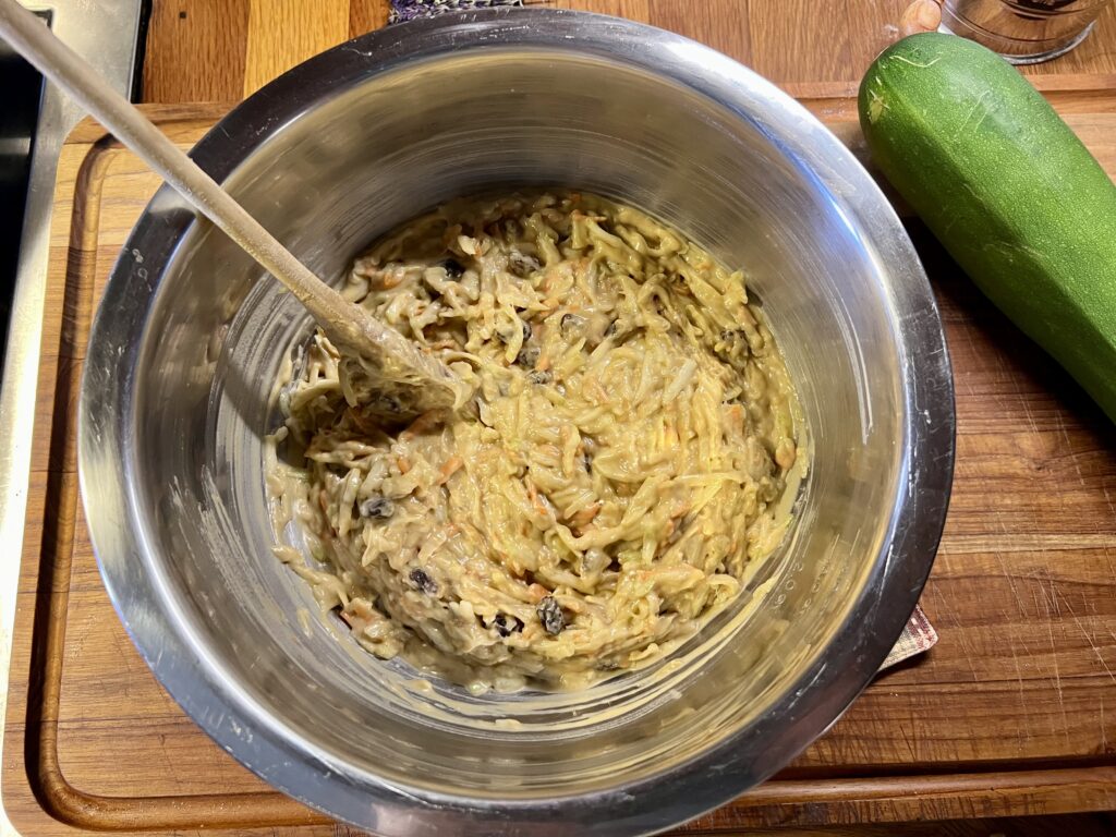 The completely mixed batter ready to be put into a loaf pan.