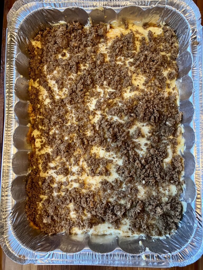 The next step is to add the cinnamon sugar topping on top of the coffee cake batter. This is a perfect fall recipe for kids!