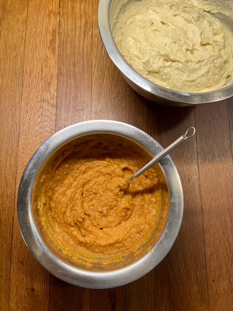 A bowl of Yummy fall pumpkin filling for the easy fall pumpkin coffee cake recipe. 