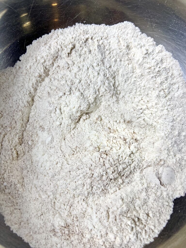 A close up picture of the dry ingredients, for the banana muffins. 