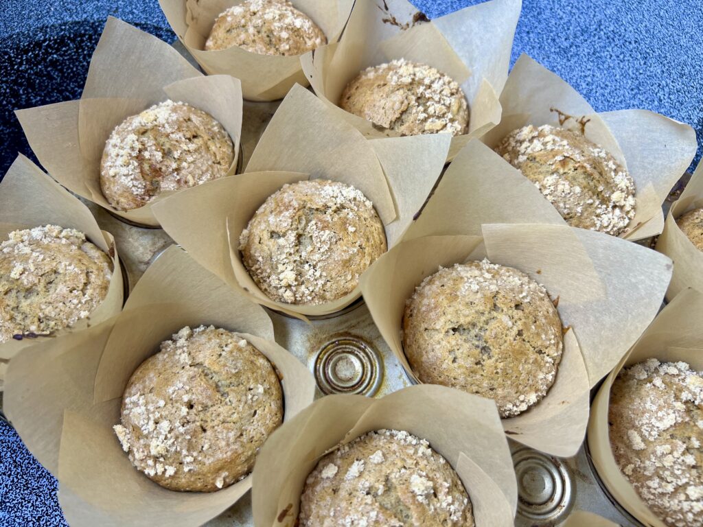 Top view of freshly baked sourdough banana muffins in parchment tulip liners, sprinkled with a light crumb topping. Golden, soft muffins cooling in a muffin tin, made with sourdough starter or discard.