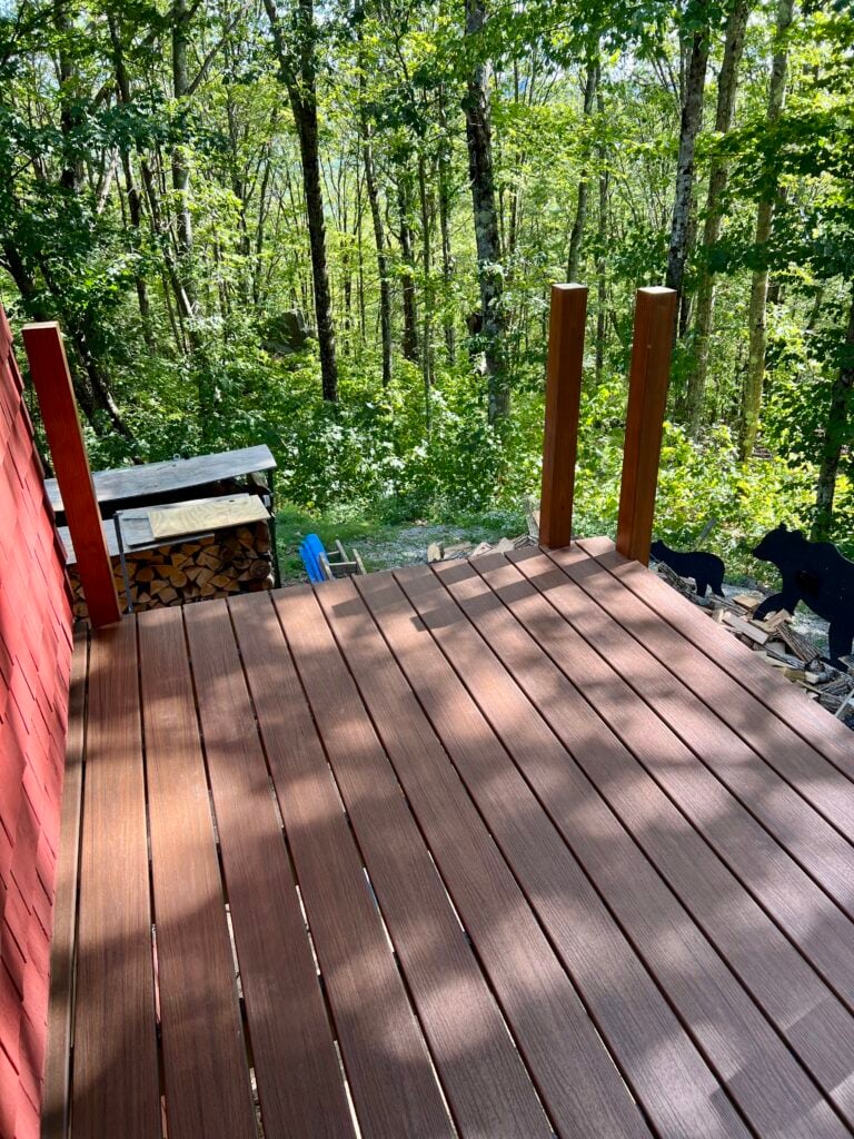 Overhead view of Trex composite decking installed on small DIY deck