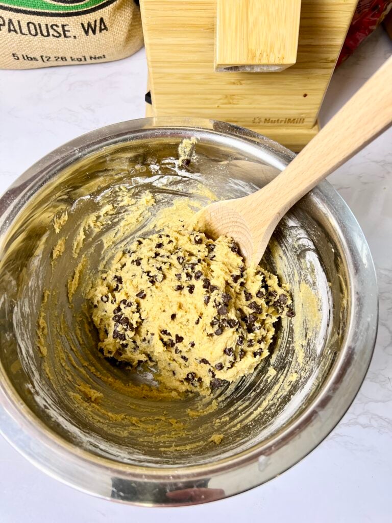 Fresh milled chocolate chip cookie dough made with whole grain flour and chocolate chips