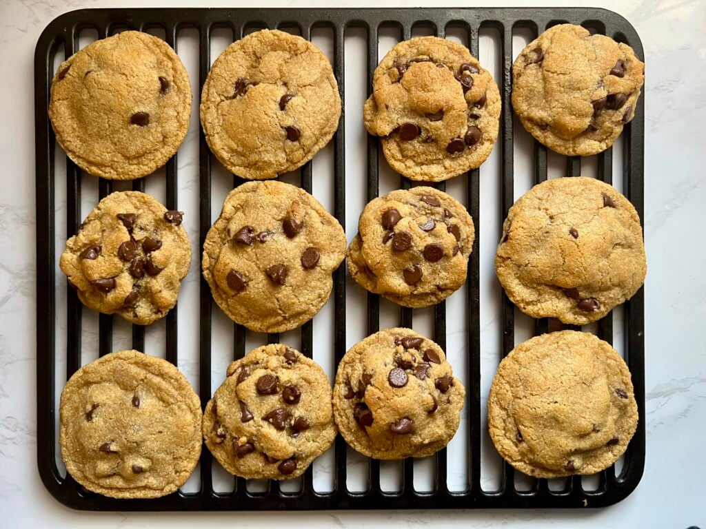 Large batch of fresh milled chocolate chip cookies made with soft white wheat flour